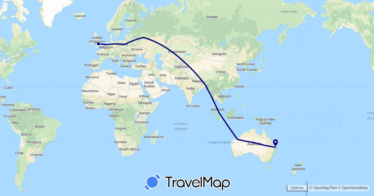 TravelMap itinerary: driving in Australia, Bangladesh, United Kingdom, Kazakhstan, Netherlands, Poland, Russia, Singapore (Asia, Europe, Oceania)